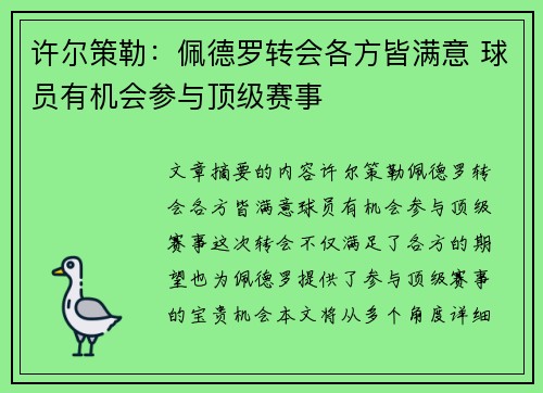 许尔策勒：佩德罗转会各方皆满意 球员有机会参与顶级赛事