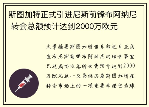 斯图加特正式引进尼斯前锋布阿纳尼 转会总额预计达到2000万欧元